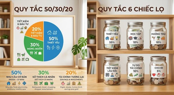 So sánh quy tắc 50/30/20 và quy tắc 6 chiếc lọ